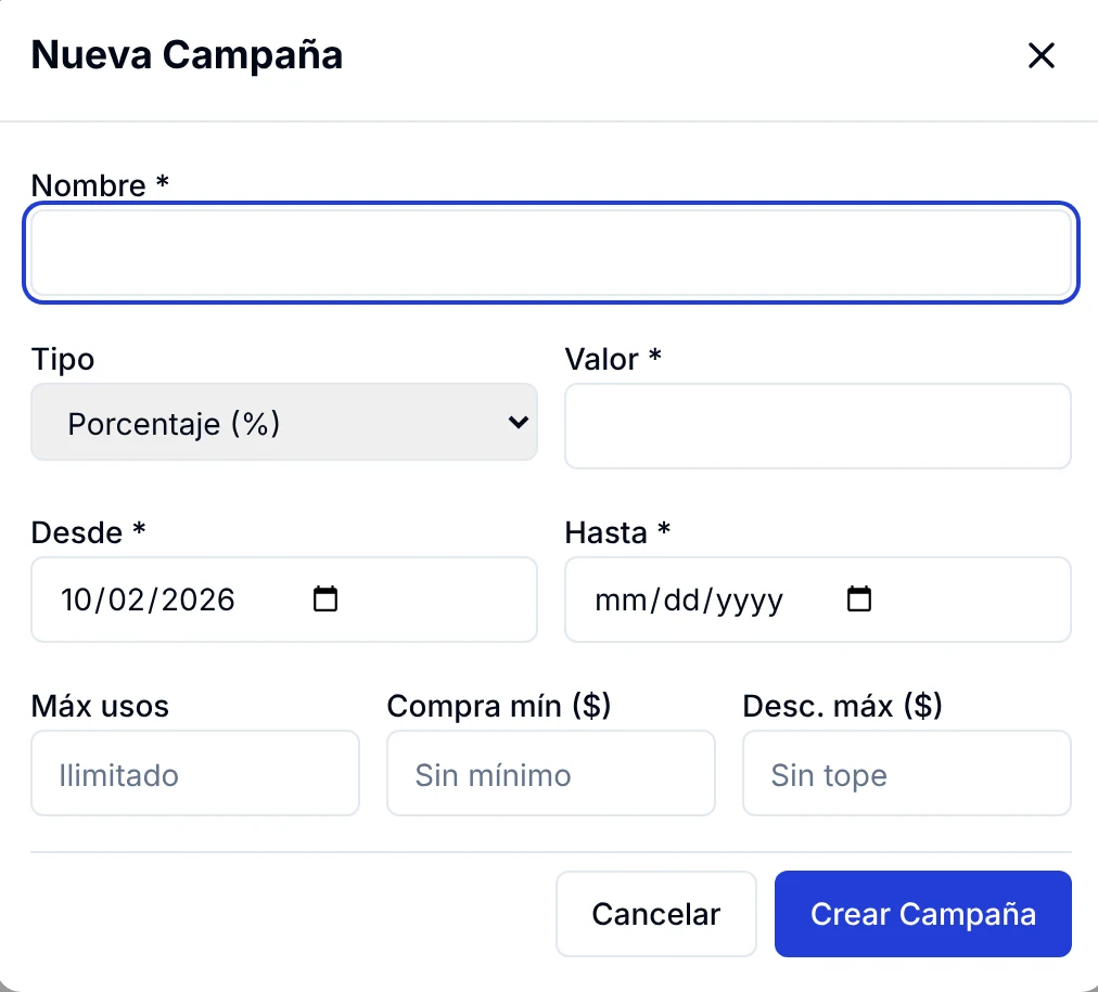 Formulario Nueva Campaña con nombre, tipo, valor, fechas, máximo de usos, compra mínima y descuento máximo
