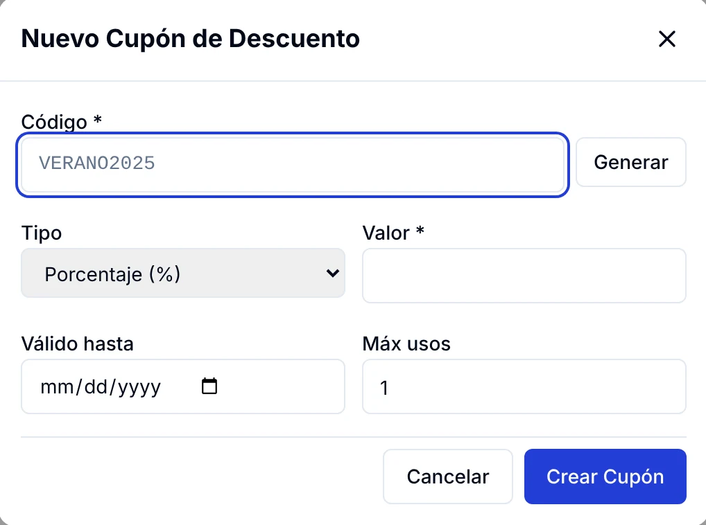 Formulario Nuevo Cupón de Descuento con código, tipo, valor, fecha de validez y máximo de usos