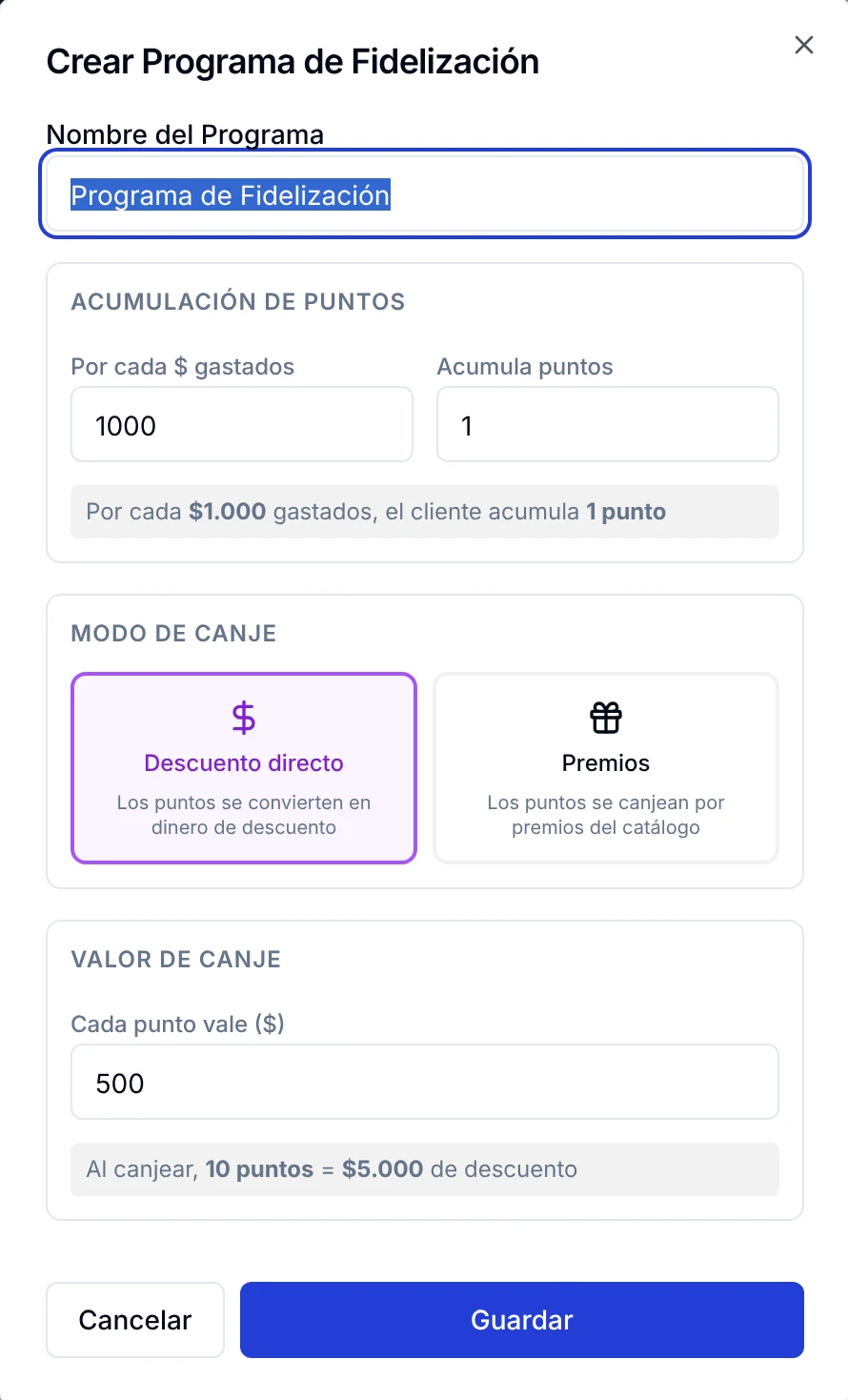 Formulario Crear Programa de Fidelización con acumulación de puntos, modo de canje y valor de canje