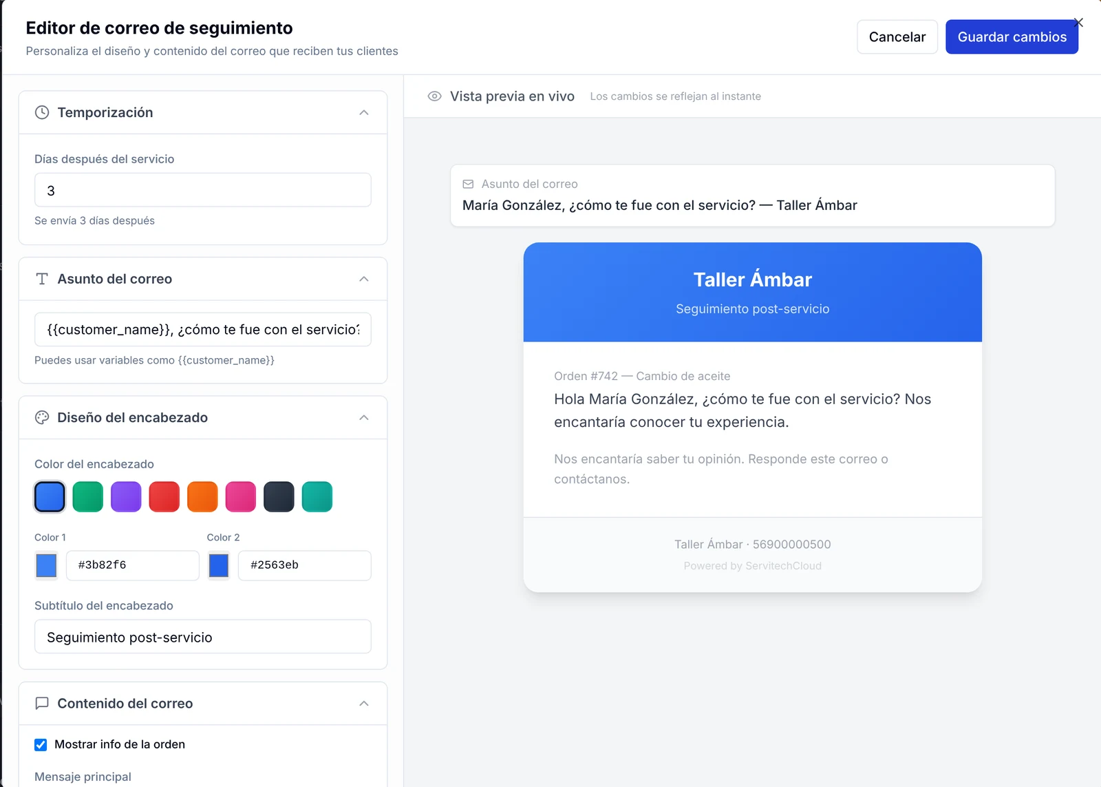 Editor de correo de seguimiento con temporización, asunto, diseño del encabezado y vista previa en vivo