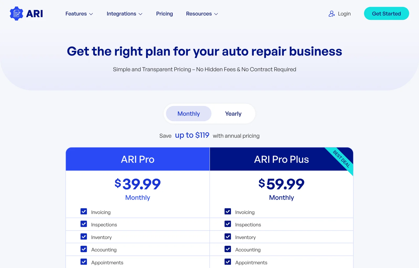 Página de precios de ARI el 12-10-2026: planes ARI Pro y ARI Pro Plus en dólares