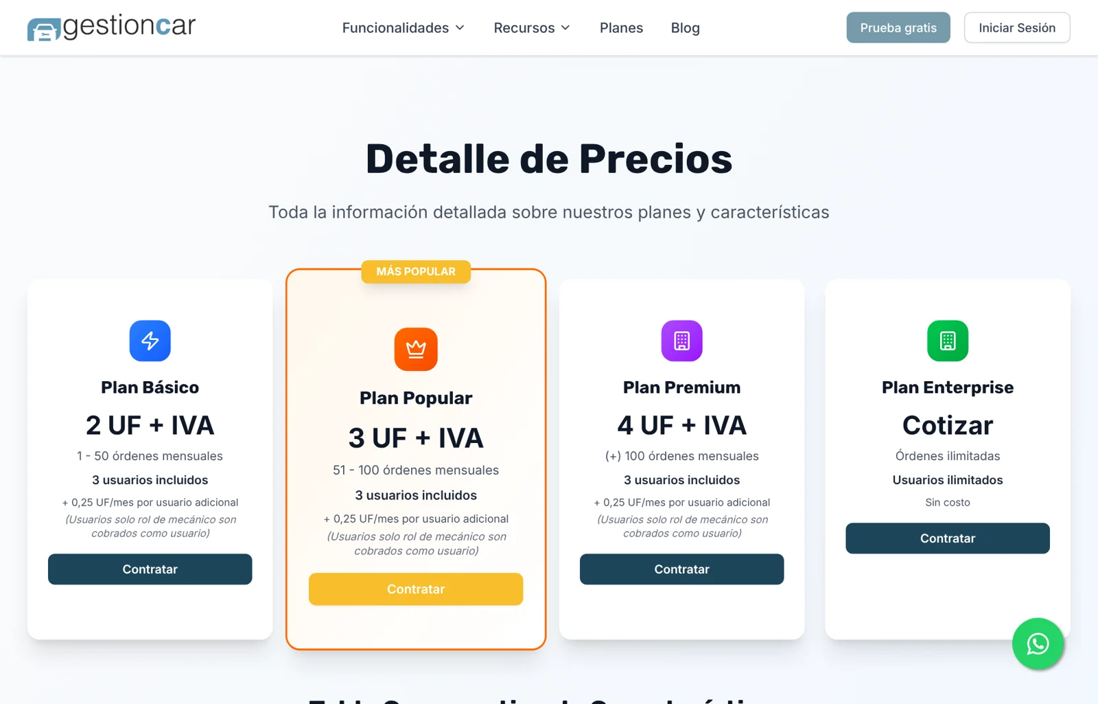 Página de precios de Gestioncar el 12-10-2026: planes en UF por cantidad de órdenes