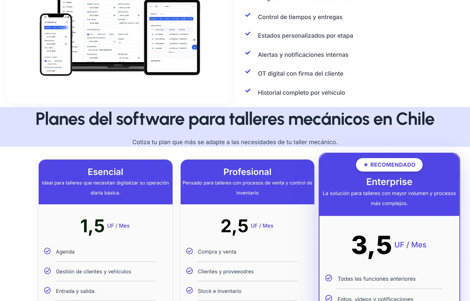 Página de planes de MasterCar el 12-10-2026: Esencial, Profesional y Enterprise en UF