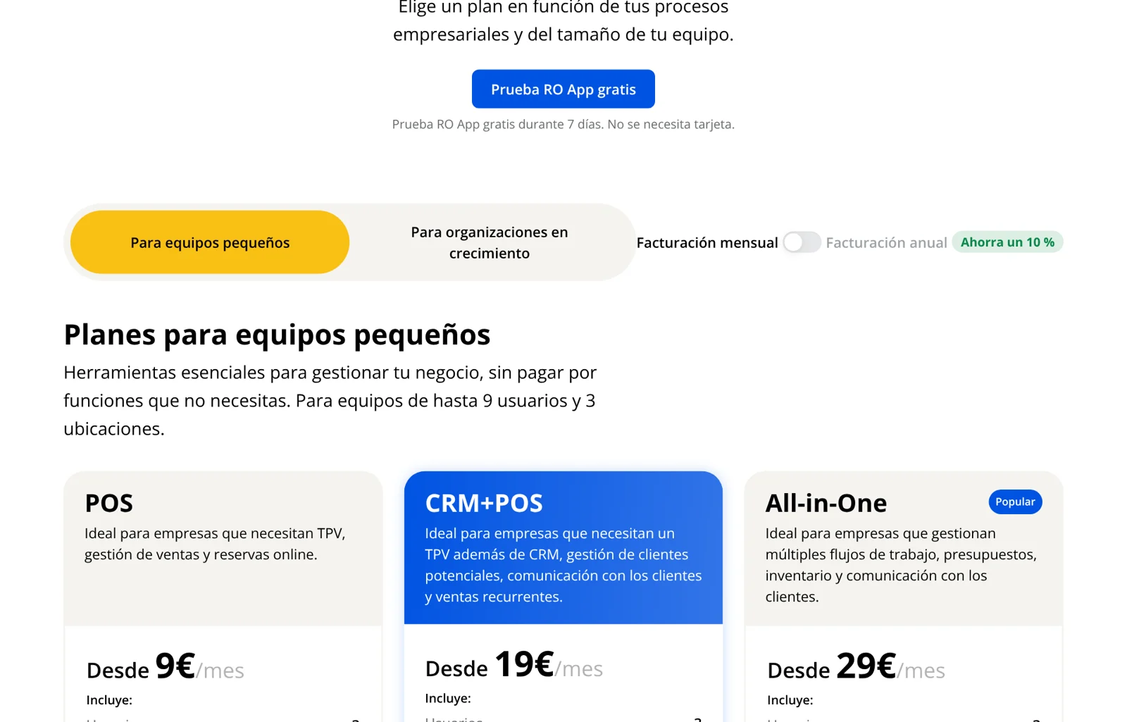 Página de precios de RO App el 12-10-2026: planes POS, CRM+POS y All-in-One en euros