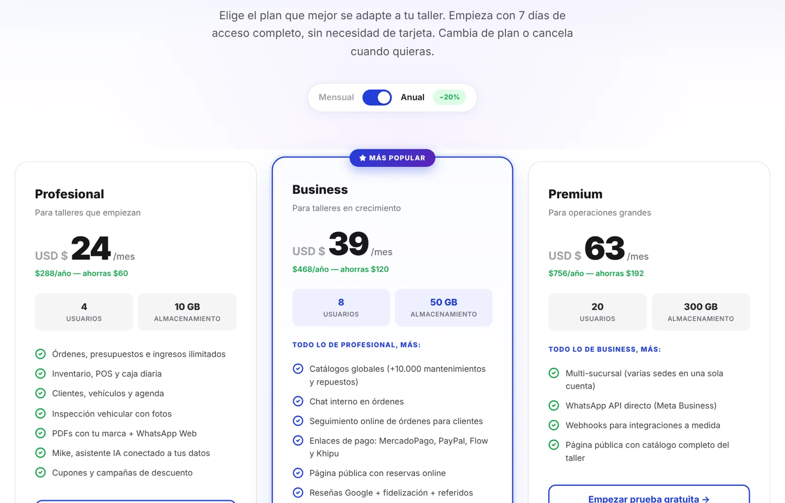 Página de precios de ServitechCloud el 12-10-2026: planes Profesional, Business y Premium
