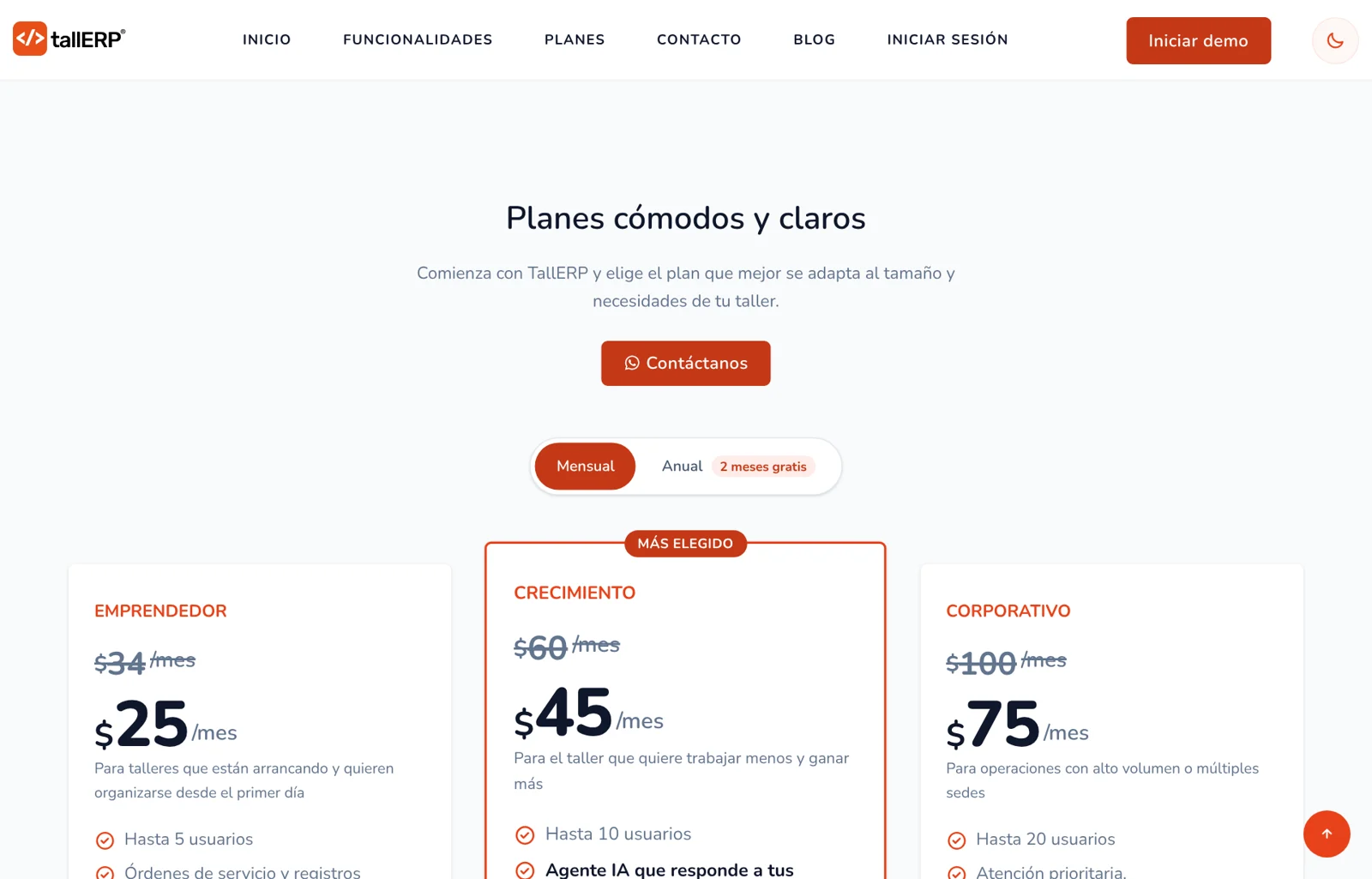 Página de precios de TallERP el 12-10-2026: planes Emprendedor, Crecimiento y Corporativo
