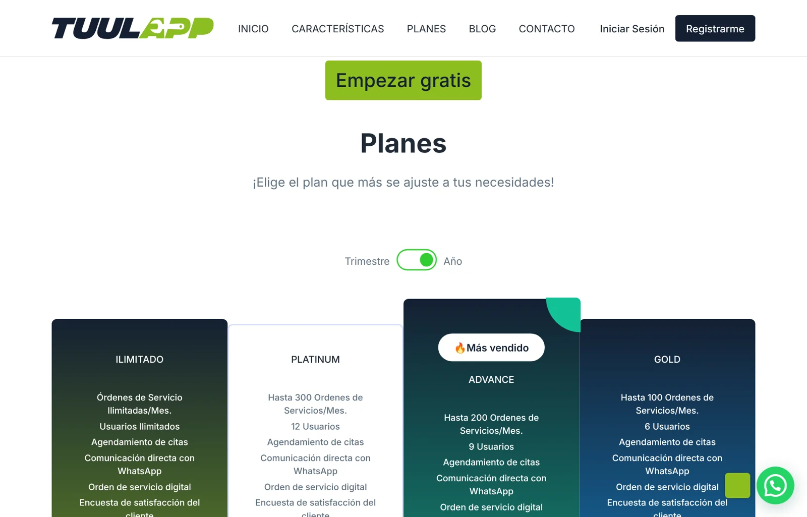 Página de planes de Tuulapp el 12-10-2026: planes por cantidad de órdenes, sin precio publicado