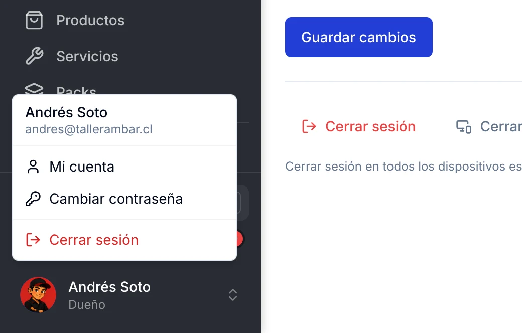 Menú de usuario con las opciones Mi cuenta, Cambiar contraseña y Cerrar sesión