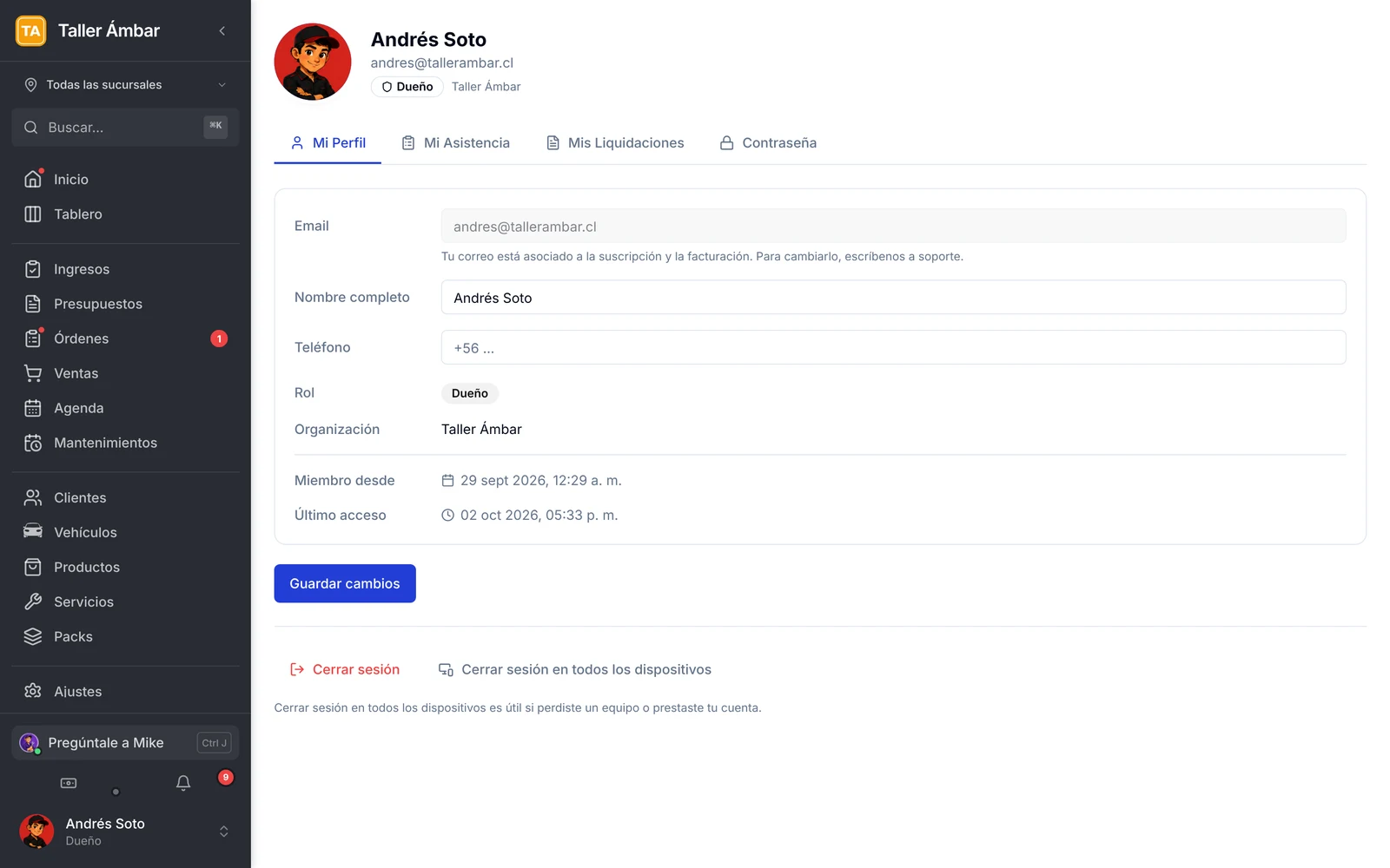 Pantalla del perfil con el avatar, el rol Dueño y las pestañas Mi Perfil, Mi Asistencia, Mis Liquidaciones y Contraseña
