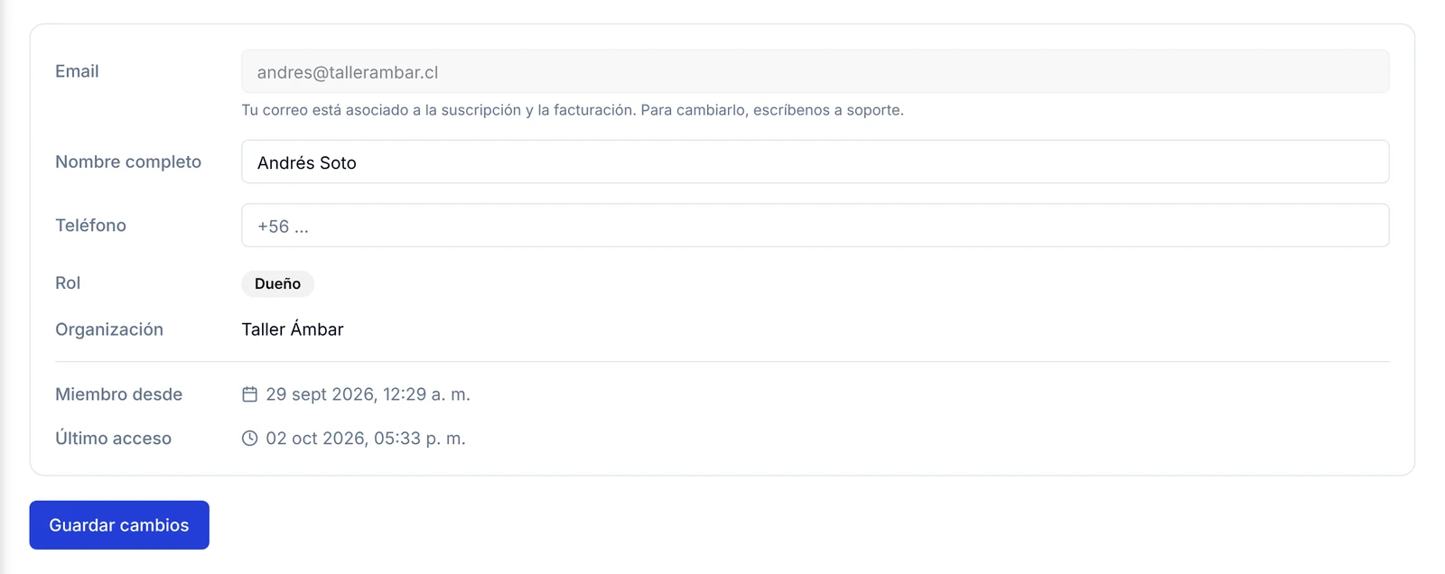 Pestaña Mi Perfil con los campos Email, Nombre completo, Teléfono, Rol y Organización, y el botón Guardar cambios