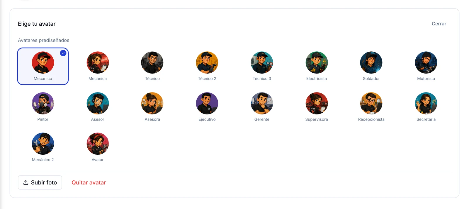 Panel Elige tu avatar con los avatares prediseñados y los botones Subir foto y Quitar avatar