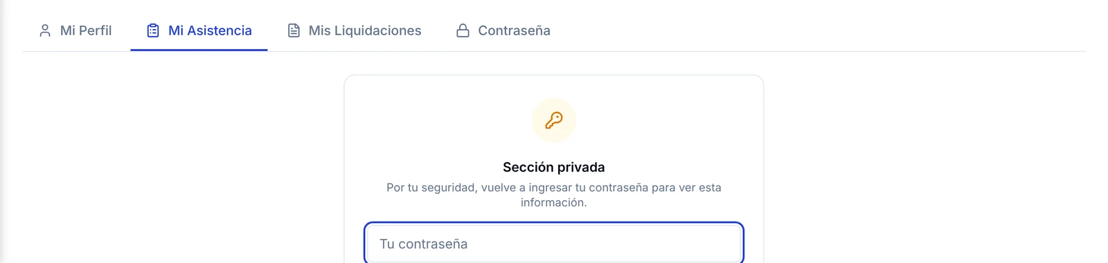 Aviso Sección privada que pide volver a ingresar la contraseña para ver la información
