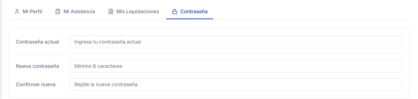 Pestaña Contraseña con los campos Contraseña actual, Nueva contraseña y Confirmar nueva, y la opción de enviar un correo de restablecimiento