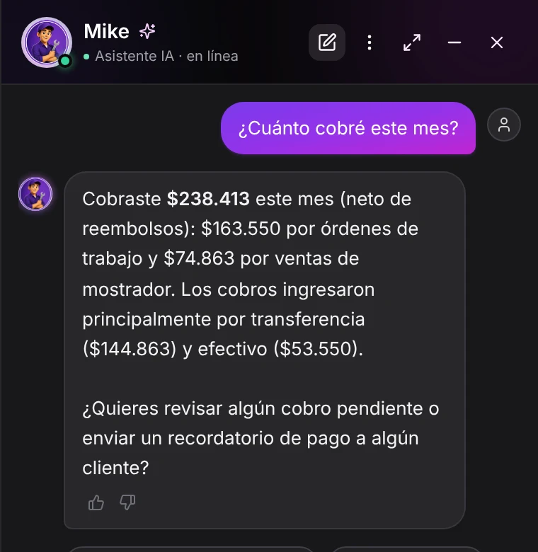 Respuesta de Mike a la pregunta ¿Cuánto cobré este mes? con el total y el desglose por órdenes, ventas y forma de pago