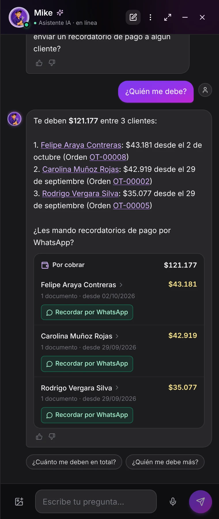 Respuesta de Mike a ¿Quién me debe? con la tarjeta Por cobrar y el botón Recordar por WhatsApp por cada cliente