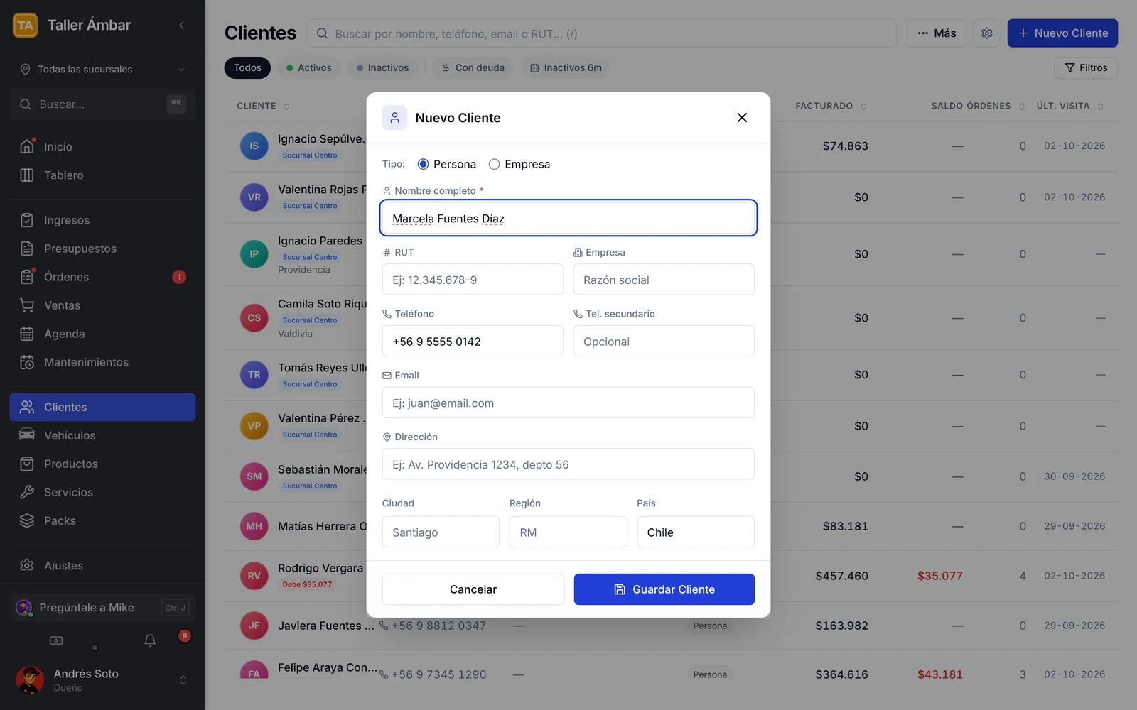 Formulario Nuevo Cliente abierto desde Mike con el nombre completo y el teléfono ya cargados