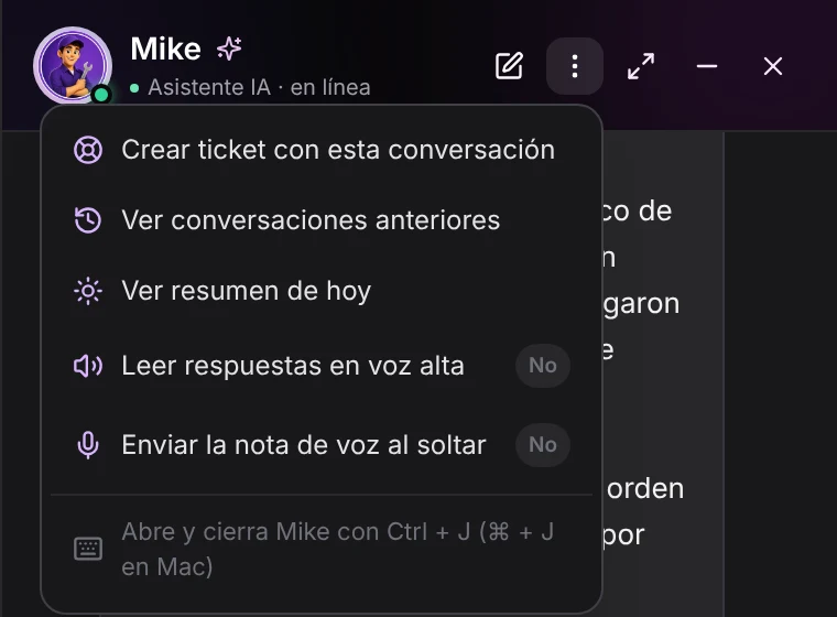 Menú Más opciones de Mike con Crear ticket con esta conversación, Ver conversaciones anteriores, Ver resumen de hoy y las opciones de voz