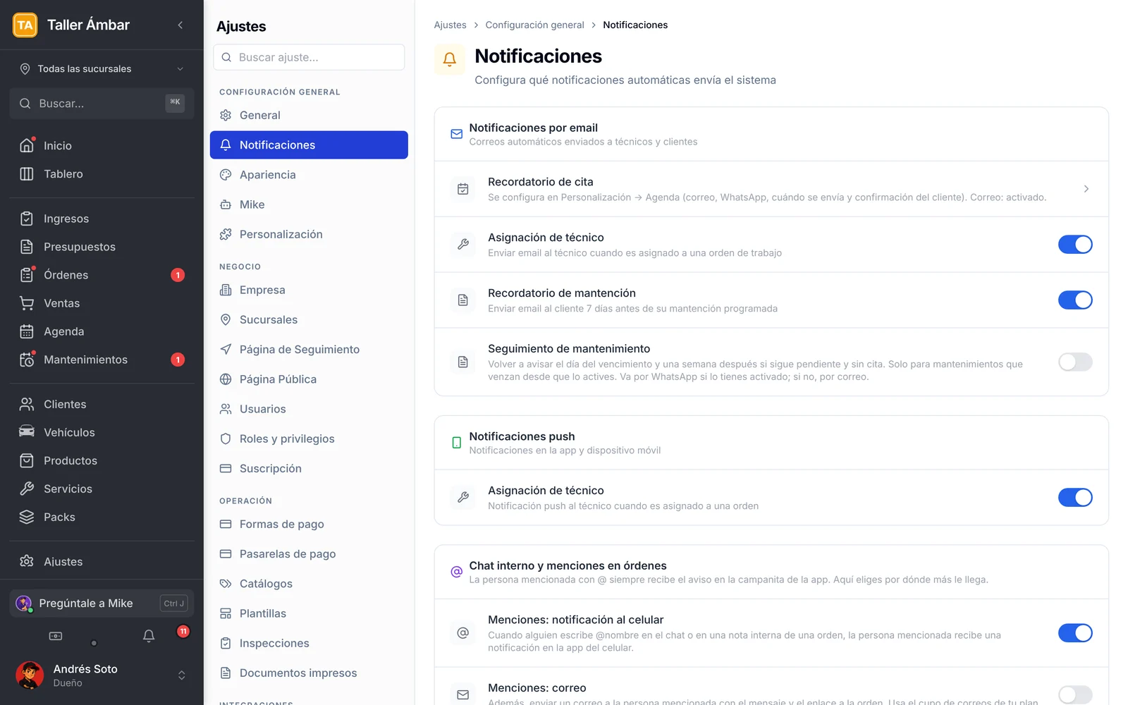 Pantalla Ajustes, Notificaciones, con la tarjeta Notificaciones por email