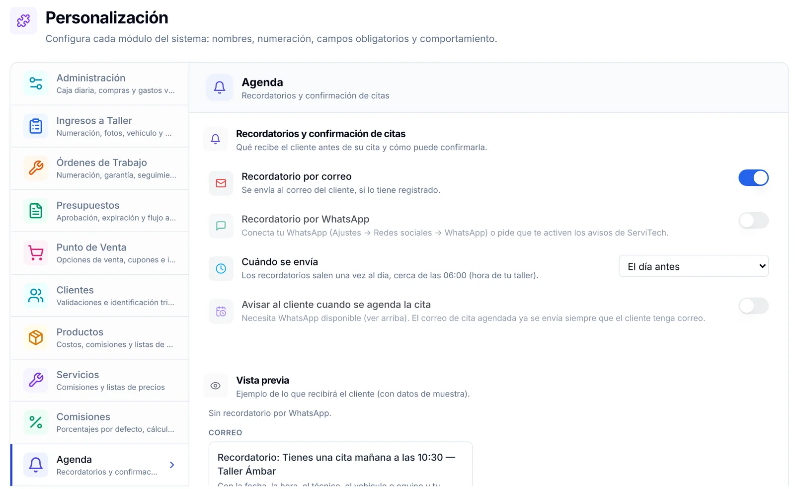 Personalización, módulo Agenda, con Recordatorio por correo, Recordatorio por WhatsApp y Cuándo se envía