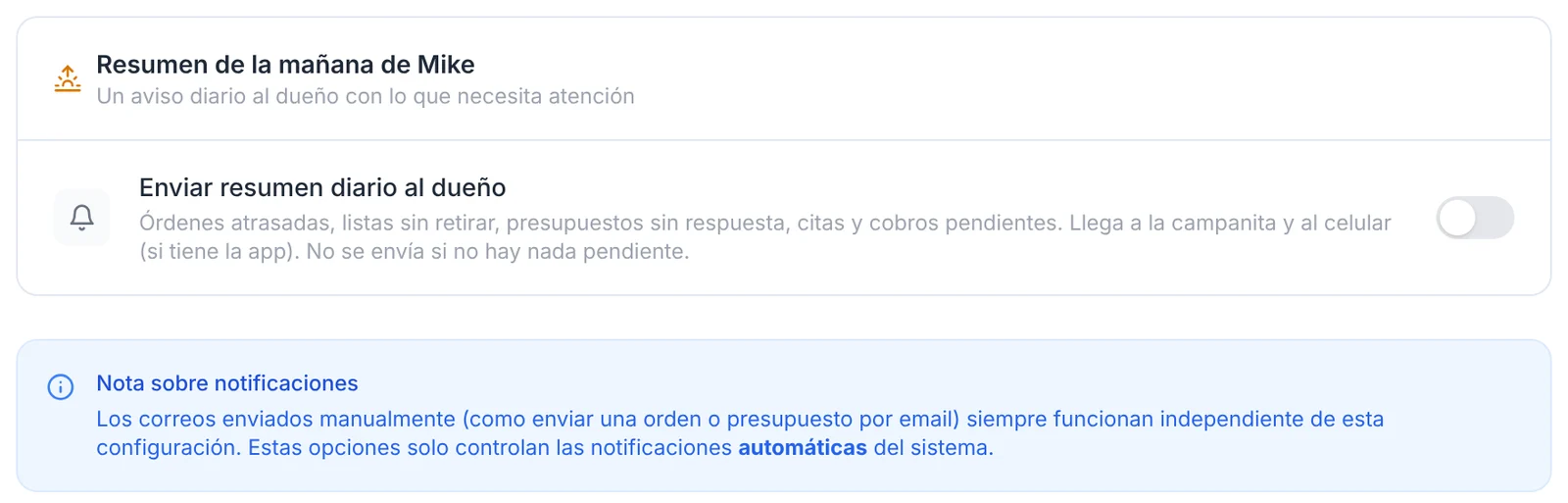 Tarjeta Resumen de la mañana de Mike y la Nota sobre notificaciones