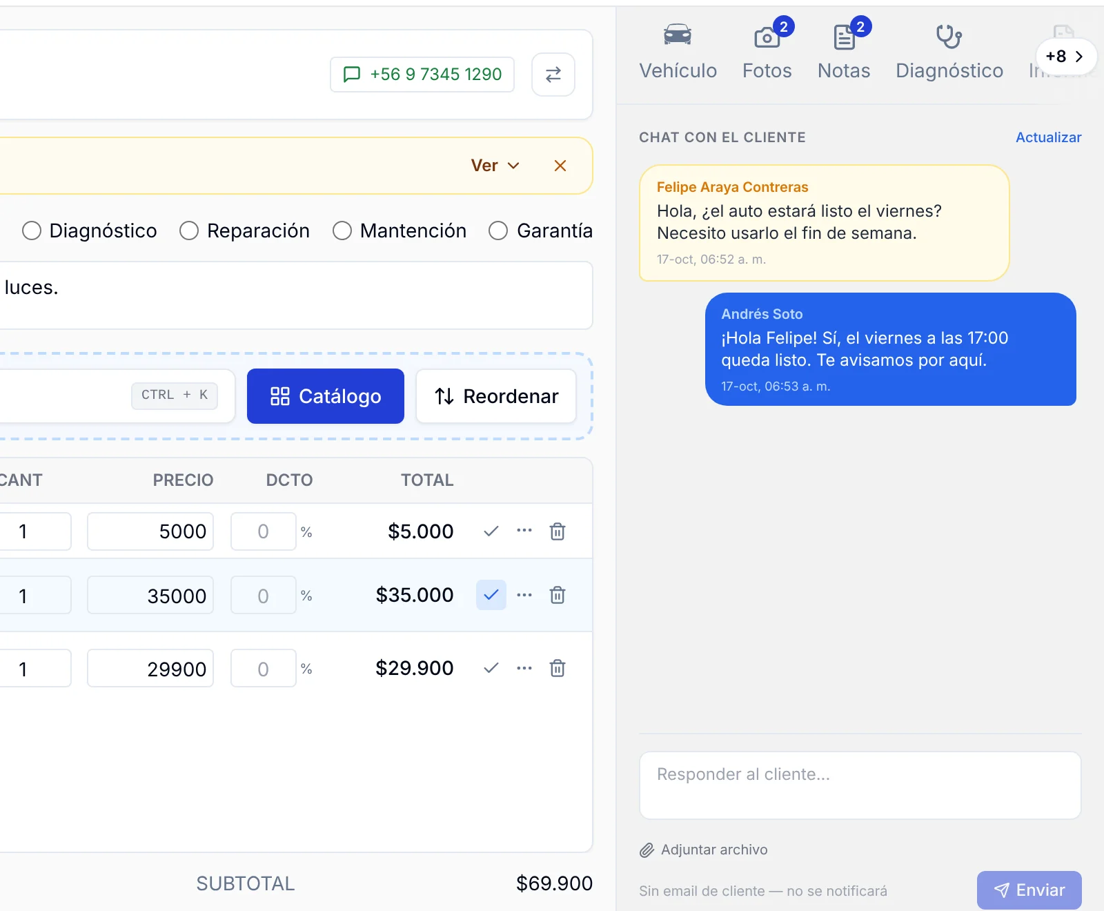 Orden OT-00008 abierta en el chat con el cliente después de hacer clic en la notificación