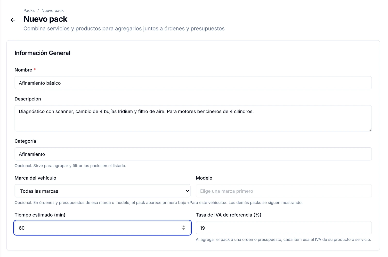 Formulario Nuevo pack con nombre, descripción, categoría, marca del vehículo, tiempo estimado y tasa de IVA