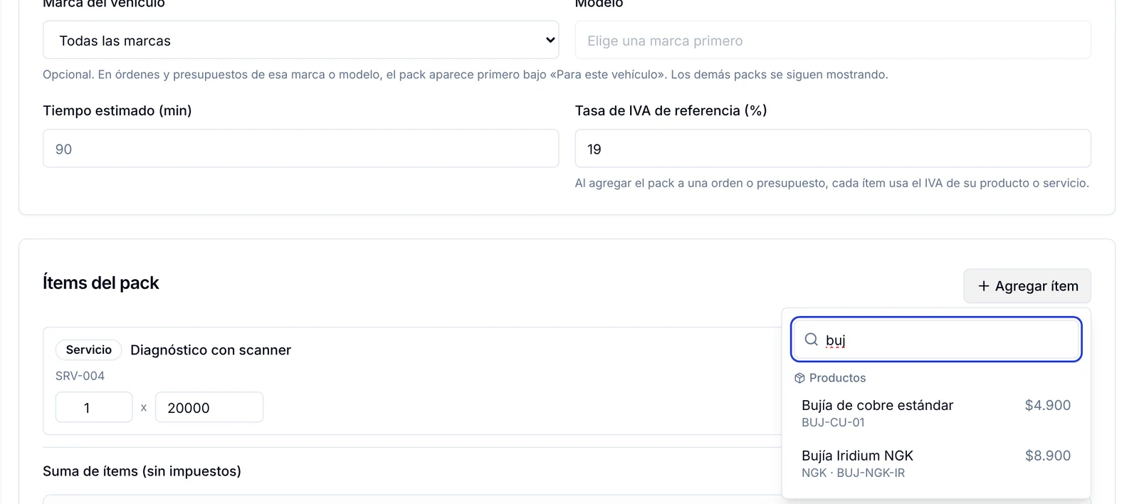 Buscador de ítems del pack mostrando dos bujías del catálogo con su código y precio