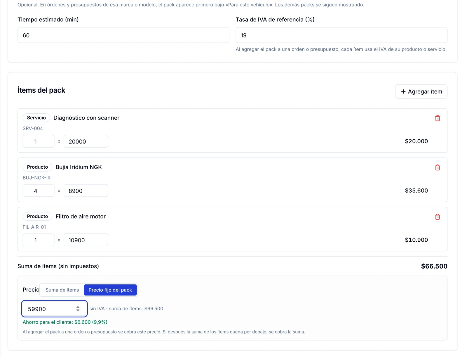 Ítems del pack con cantidades y precios, suma de ítems y precio fijo del pack con el ahorro para el cliente