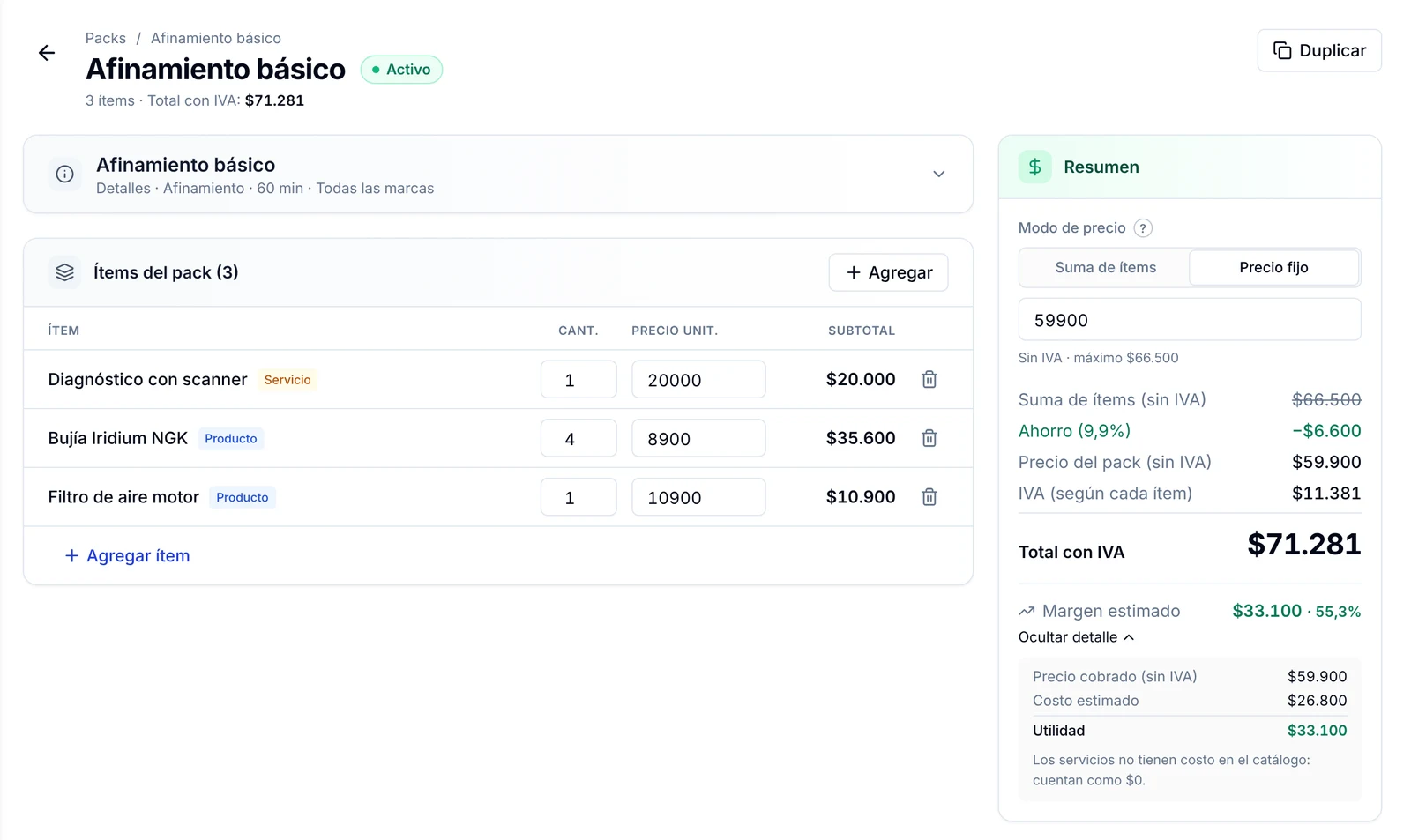 Ficha del pack creado con sus tres ítems, el resumen de precio, el total con IVA y el margen estimado