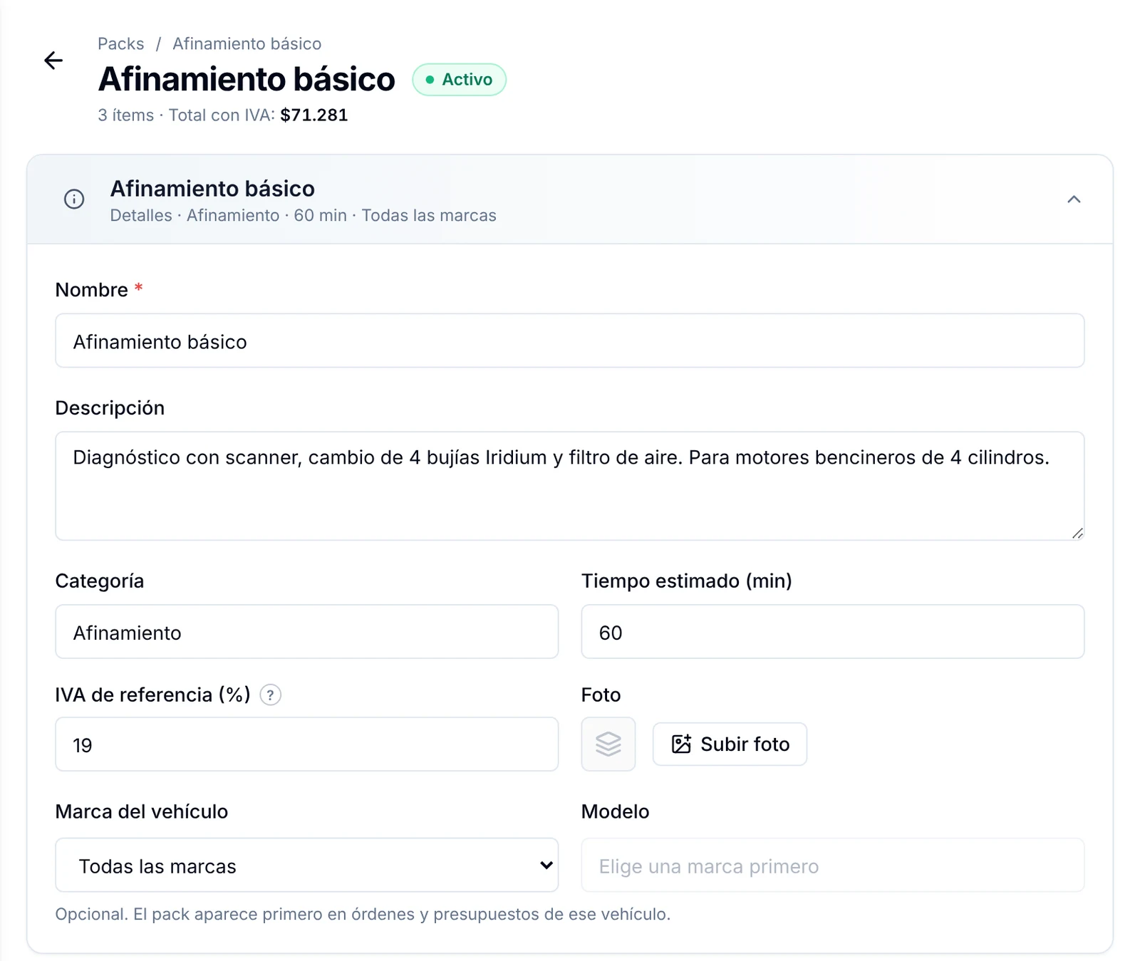 Ficha del pack con la sección Detalles desplegada para editar nombre, descripción, categoría, tiempo, foto y marca