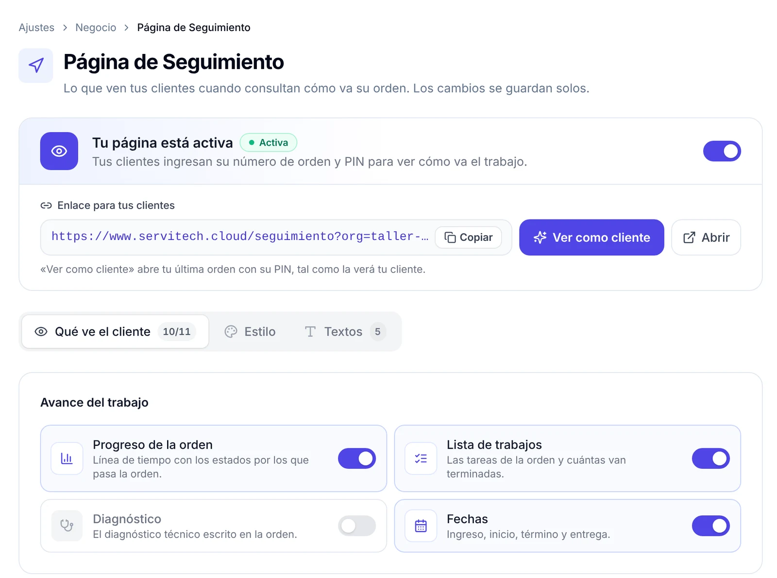 Pantalla Página de Seguimiento en Ajustes con el interruptor de página activa, el enlace para clientes y los botones Copiar, Ver como cliente y Abrir
