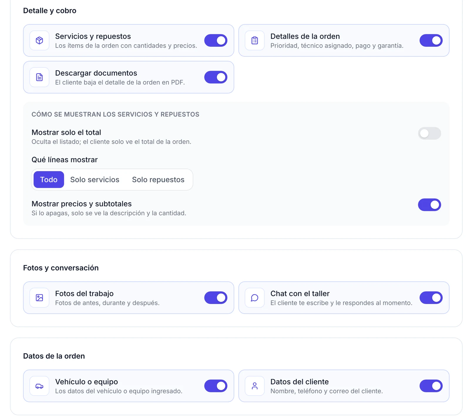 Opciones de Detalle y cobro, Fotos y conversación y Datos de la orden con sus interruptores, y las opciones de cómo se muestran los servicios y repuestos