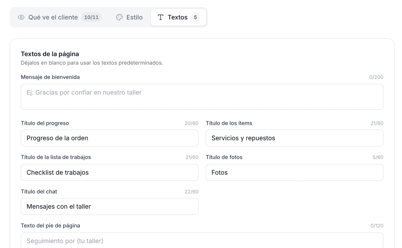 Pestaña Textos con los campos Mensaje de bienvenida, Título del progreso, Título de los ítems, Título de la lista de trabajos, Título de fotos, Título del chat y Texto del pie de página