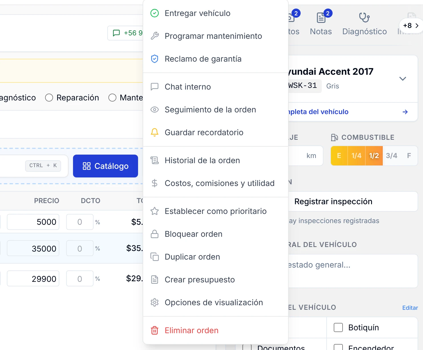 Menú Más opciones de una orden de trabajo con la opción Seguimiento de la orden