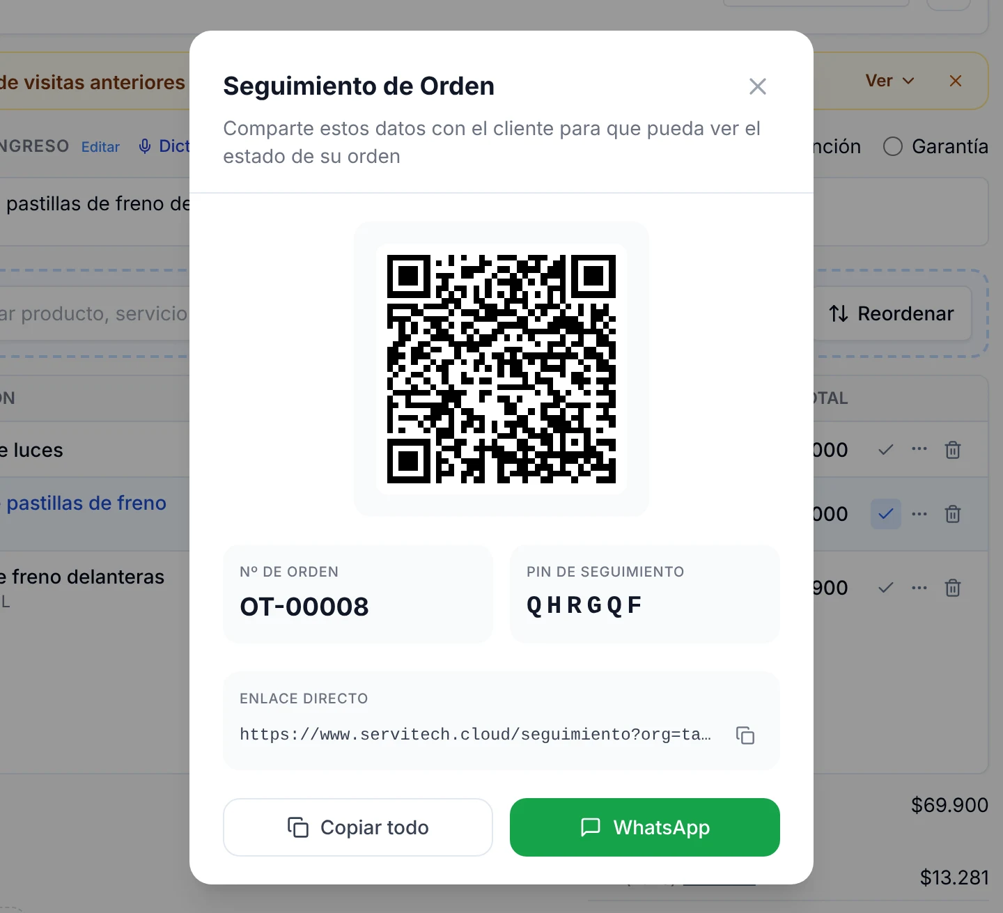 Ventana Seguimiento de Orden con el código QR, el número de orden OT-00008, el PIN de seguimiento, el enlace directo y los botones Copiar todo y WhatsApp