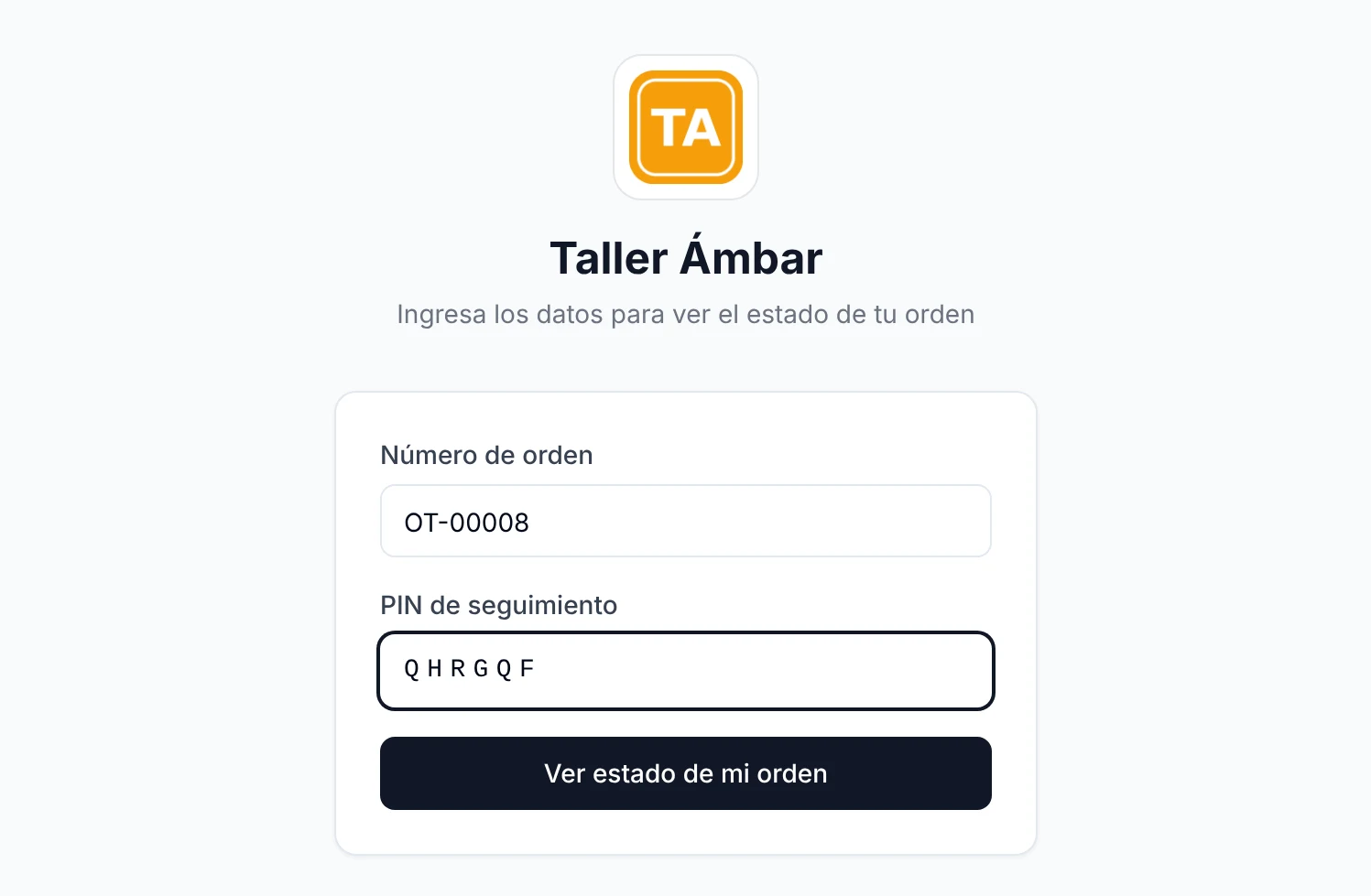 Página que ve el cliente para ingresar el número de orden y el PIN de seguimiento con el botón Ver estado de mi orden