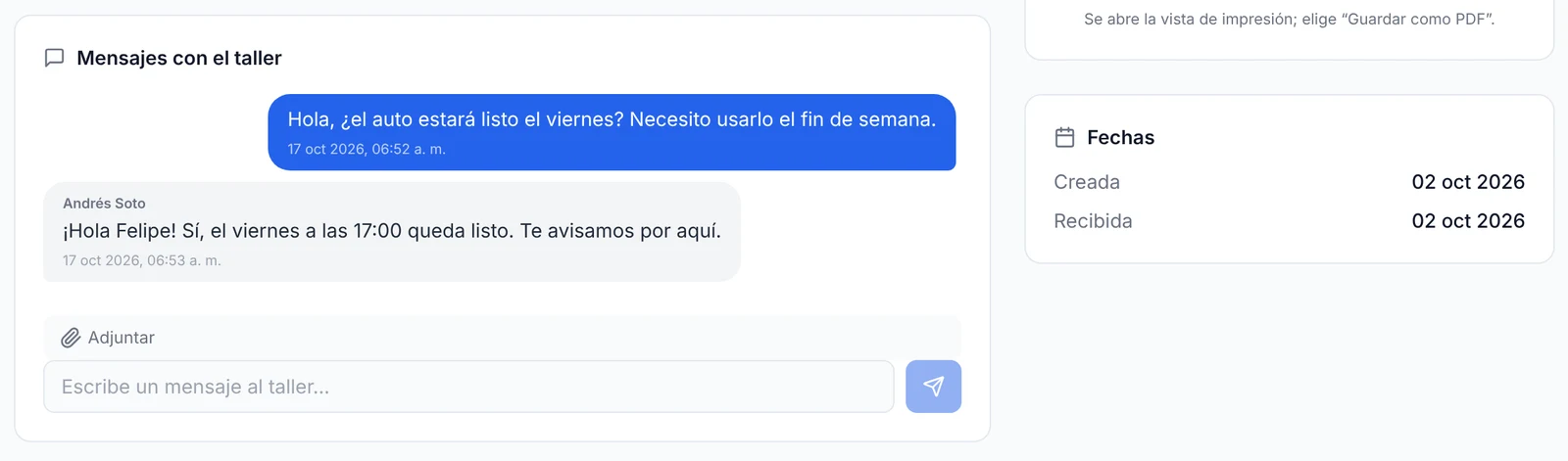 Sección Mensajes con el taller en la página del cliente con una pregunta del cliente y la respuesta del taller