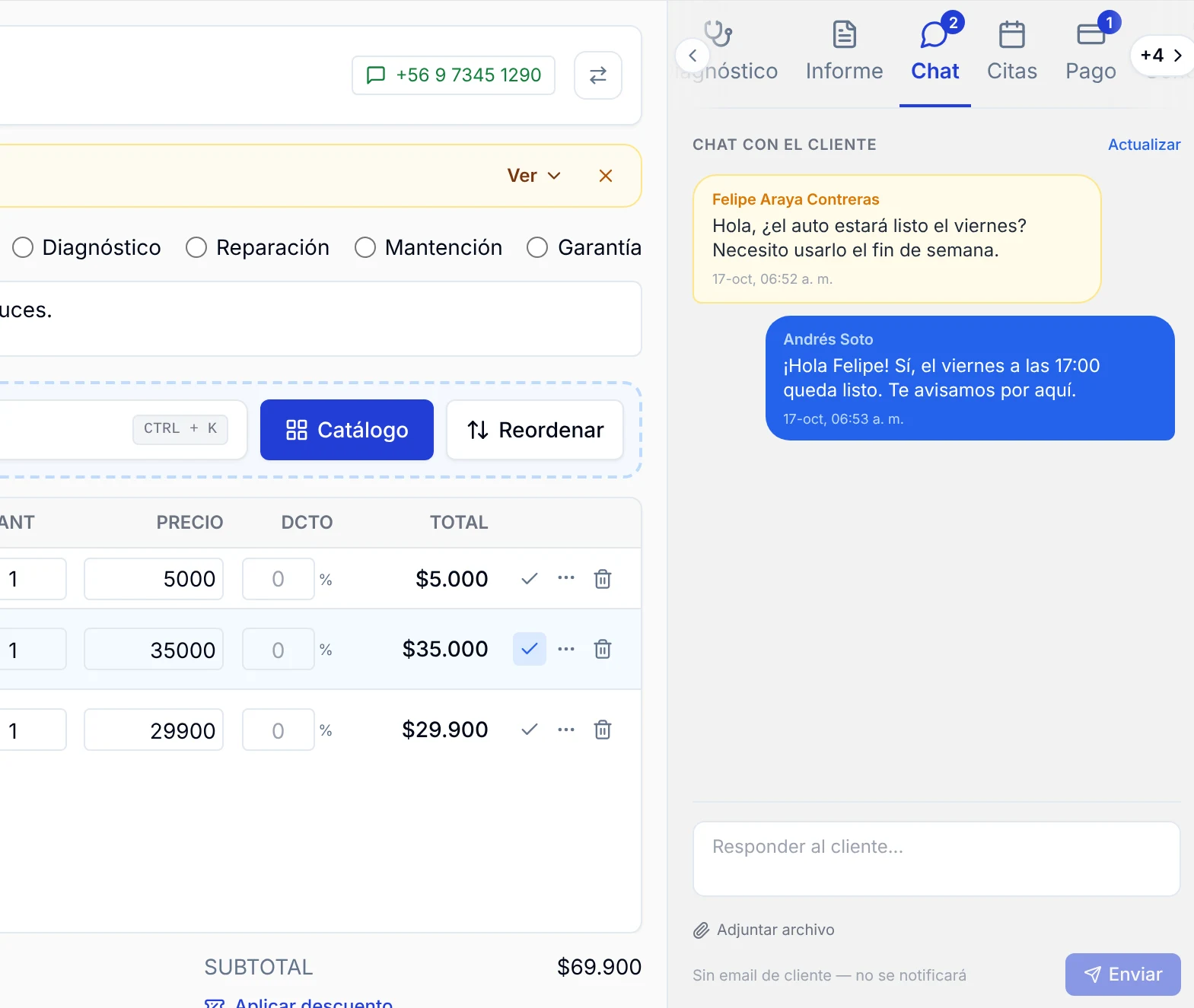 Pestaña Chat de la orden con la sección Chat con el cliente, el mensaje del cliente y la respuesta del taller