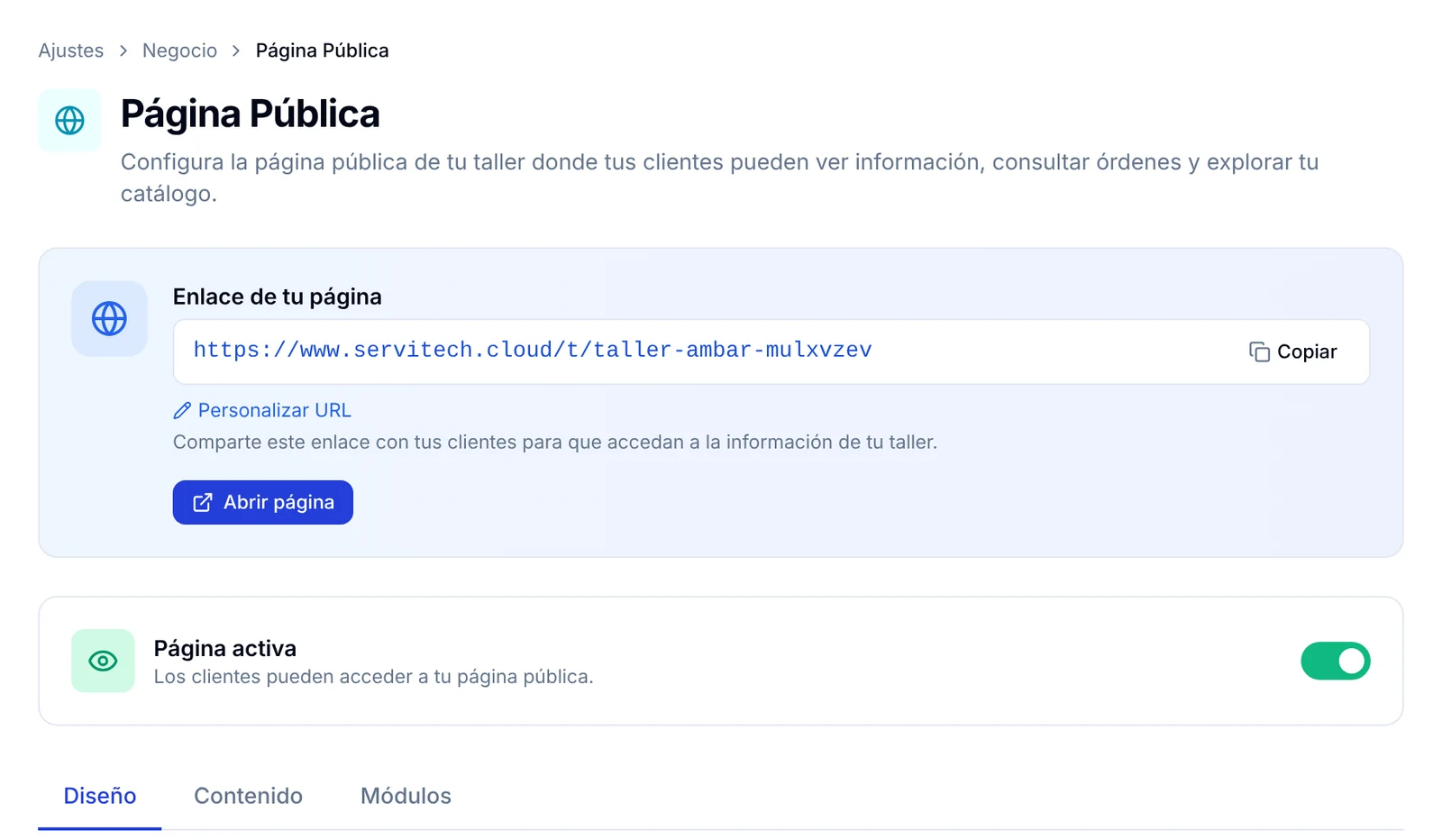 Ajustes de Página Pública con el enlace de la página, el botón Abrir página y el interruptor Página activa