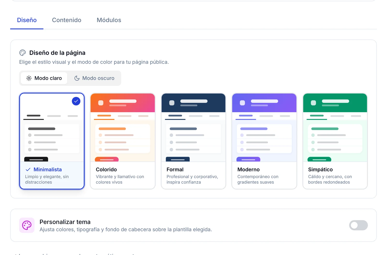 Pestaña Diseño con el modo claro u oscuro, las cinco plantillas y la opción Personalizar tema