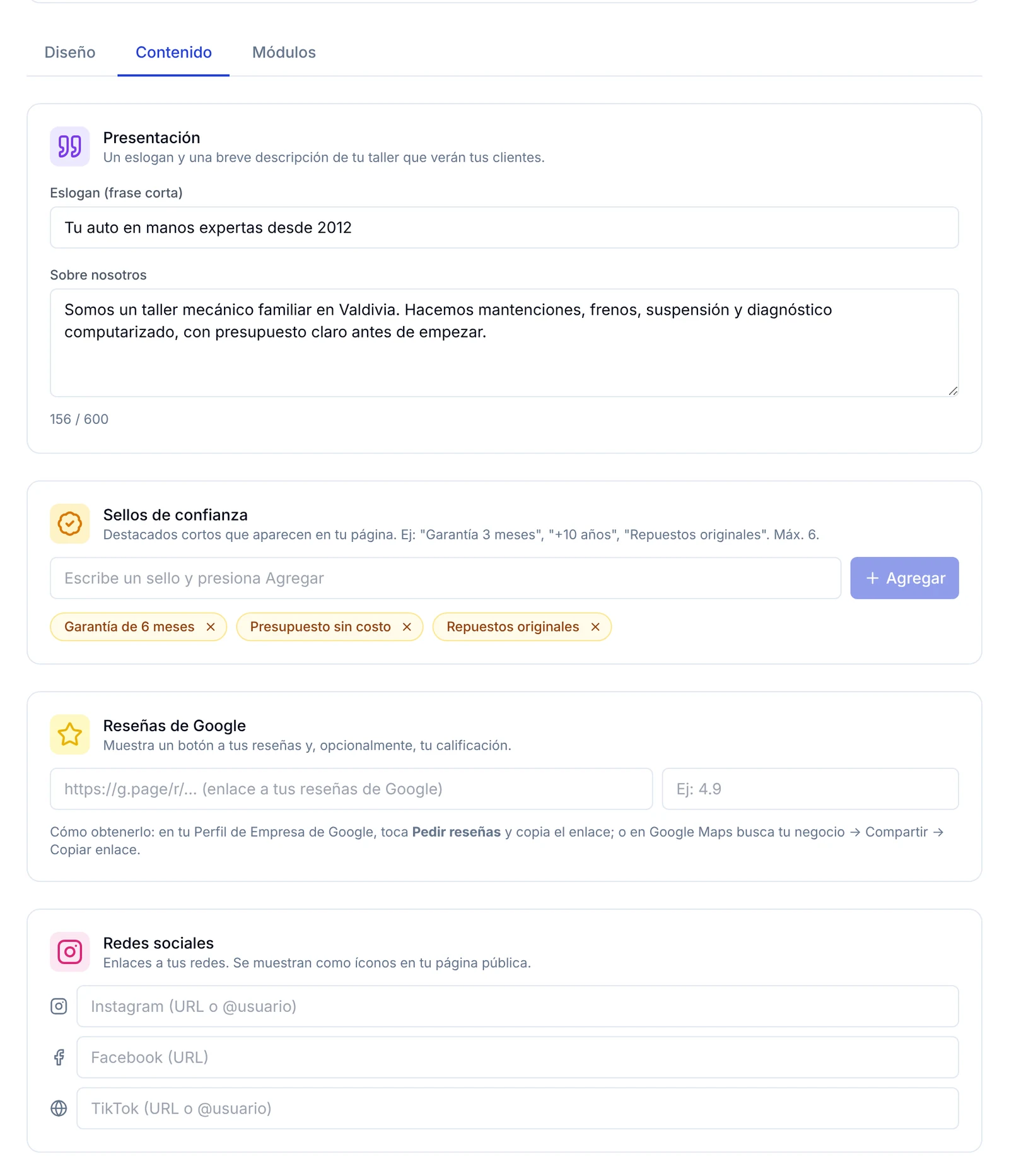 Pestaña Contenido con la presentación, los sellos de confianza, las reseñas de Google y las redes sociales