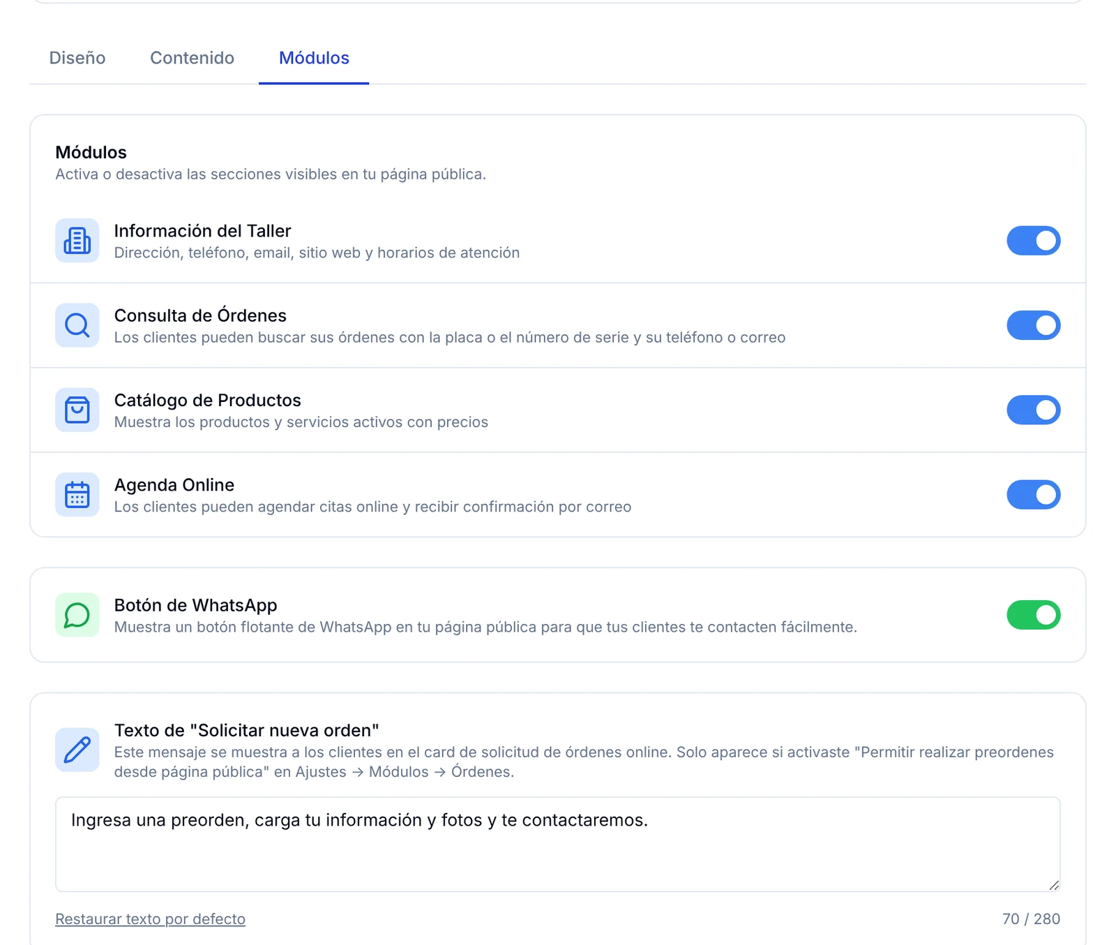 Pestaña Módulos con los interruptores de Información del Taller, Consulta de Órdenes, Catálogo de Productos, Agenda Online y Botón de WhatsApp