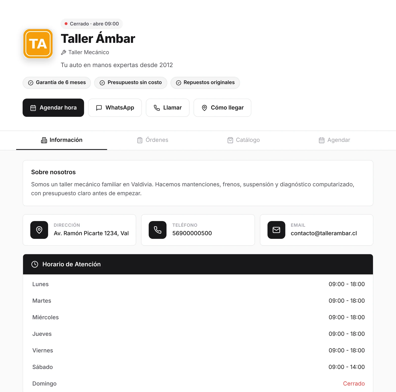 Página pública de Taller Ámbar con sellos de confianza, botones de contacto, datos del taller y horario de atención