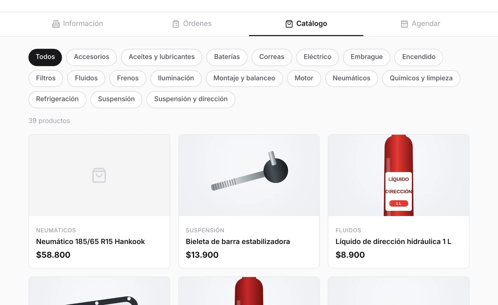 Catálogo de la página pública con filtros por categoría y productos con foto y precio