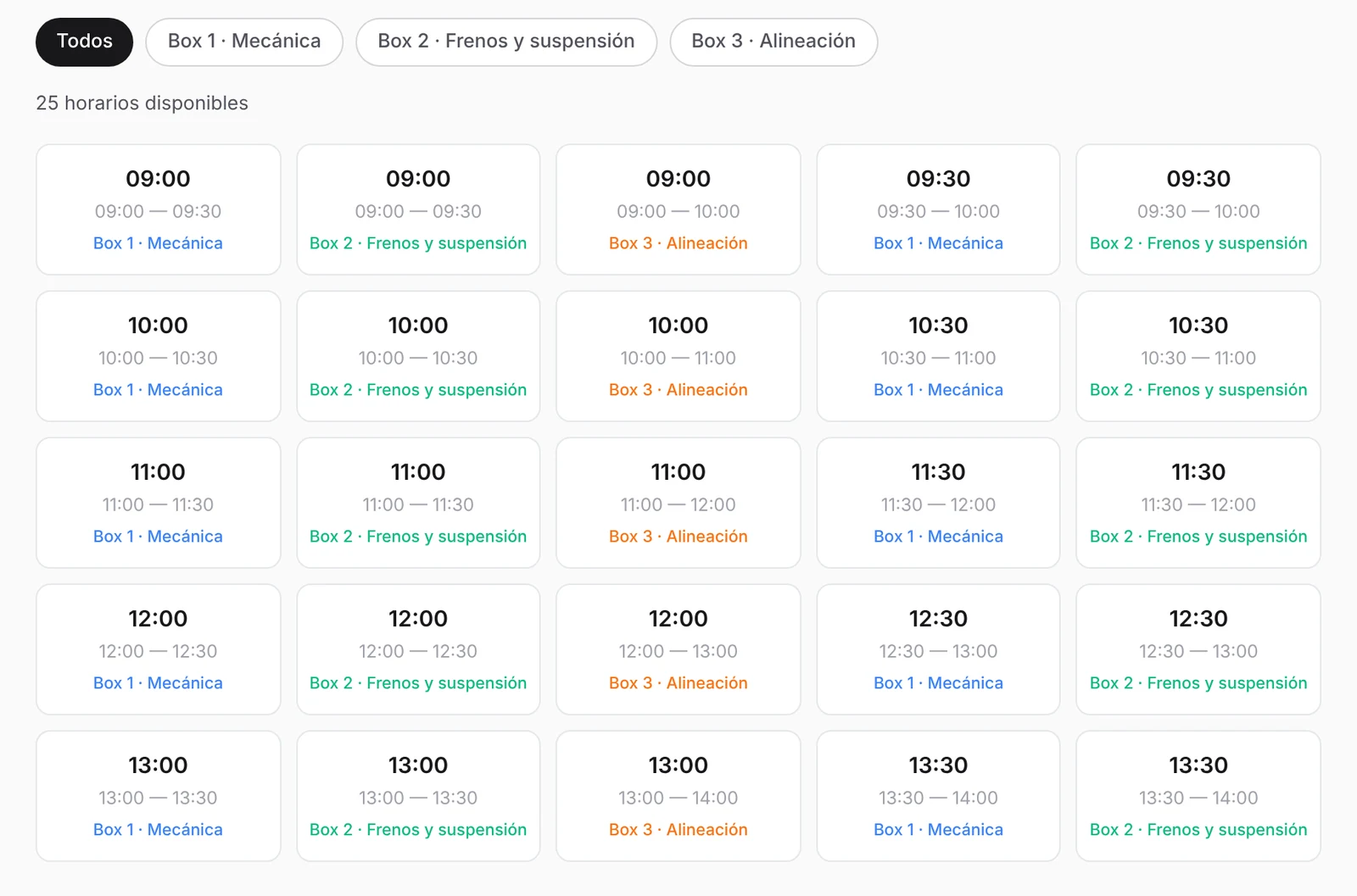 Agenda en línea con filtro por box y tarjetas de horarios disponibles