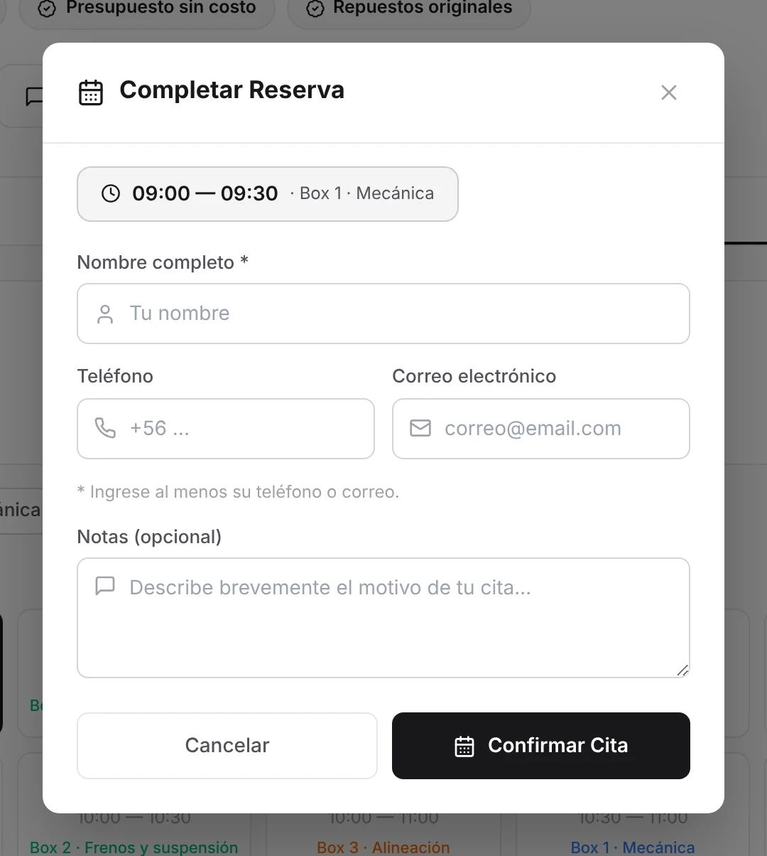 Formulario Completar Reserva con nombre, teléfono, correo, notas y el botón Confirmar Cita