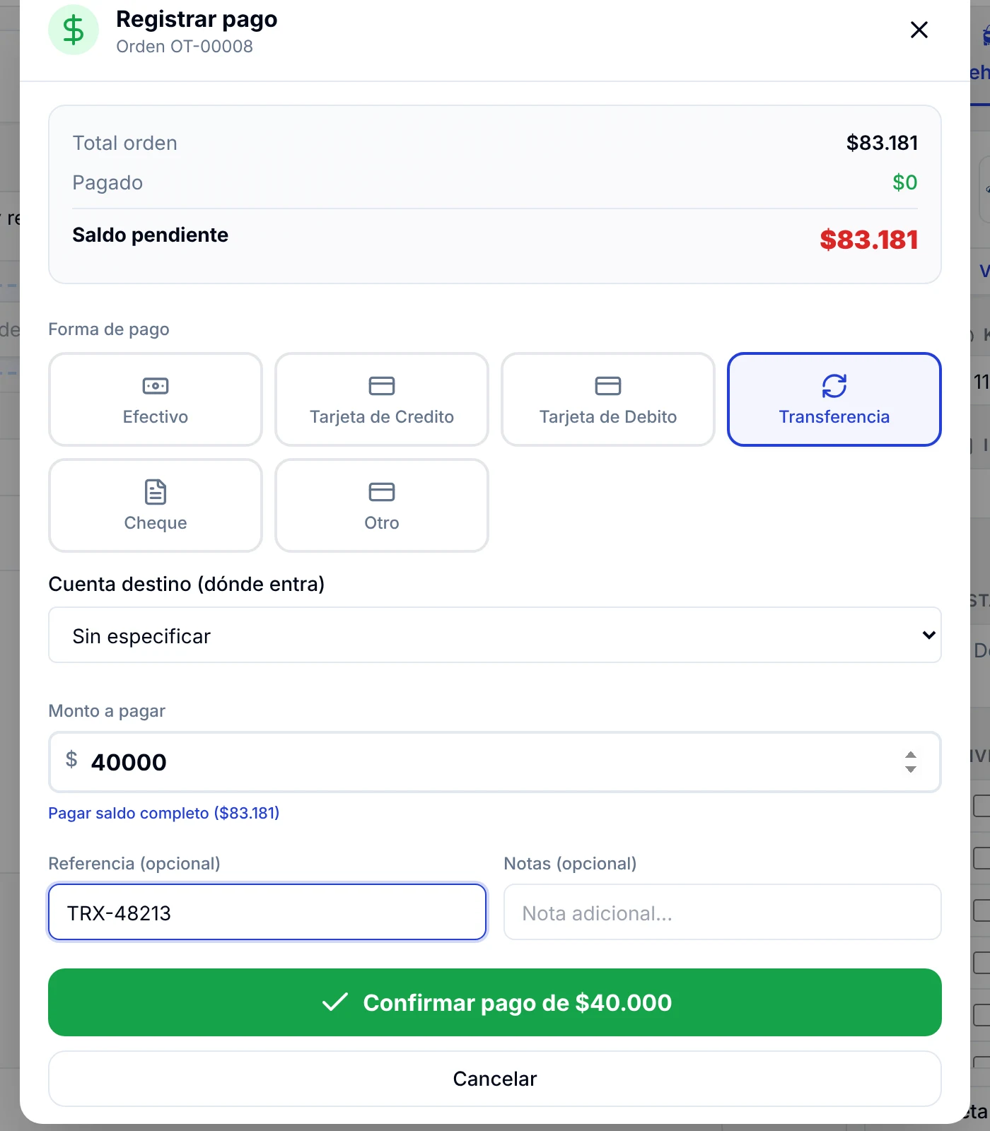 Ventana Registrar pago con forma de pago Transferencia y un abono de 40.000