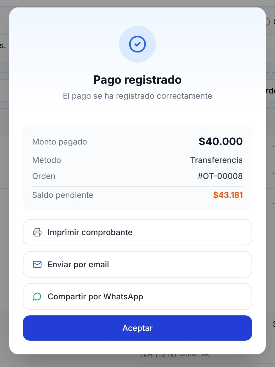 Aviso Pago registrado con las opciones para imprimir o enviar el comprobante