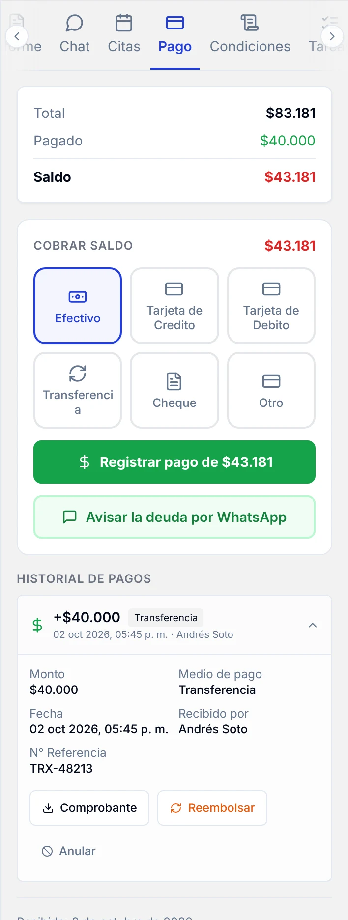 Pestaña Pago con el total, lo pagado, el saldo y el historial de pagos