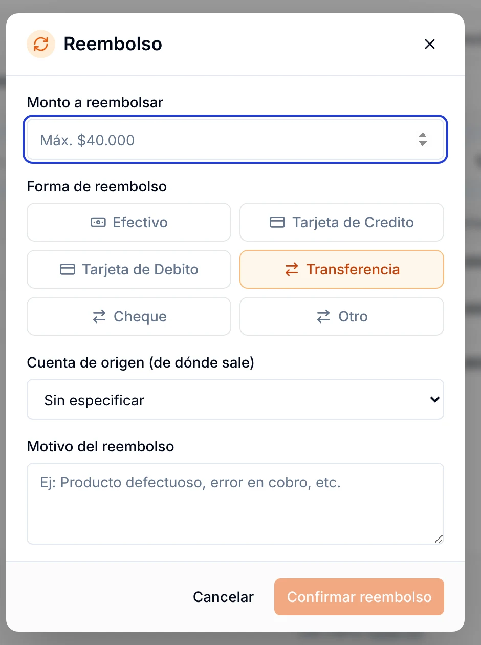 Ventana Reembolso con monto, forma de reembolso y motivo